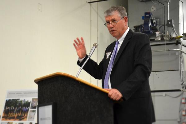 Russell Grizzle, President and CEO, Mannington Mills, addresses the crowd that gathered for the company's event in Madison, GA. At the event, Mannington officially opened its new LVT manufacturing line, and announced a second expansion project to be completed in mid-2017.