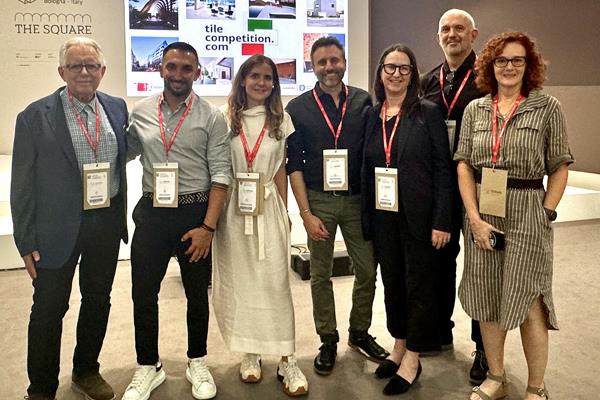 Steve Clem joins the 2025 winners of the Ceramics of Italy Tile for North America, Jamie Rezaie, Giorgia Cedro, Dovide Secter, Katie Broh, Colin Grant and Gina Schafrick
